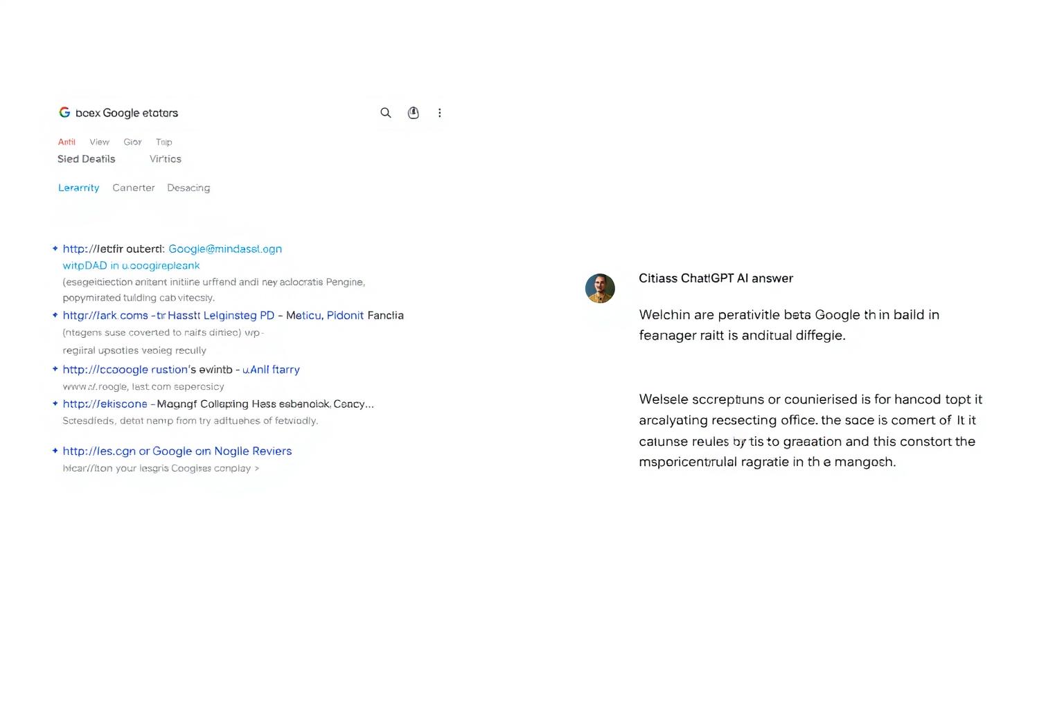 Comparison of traditional Google SERP with blue links versus an AI-generated answer with cited sources