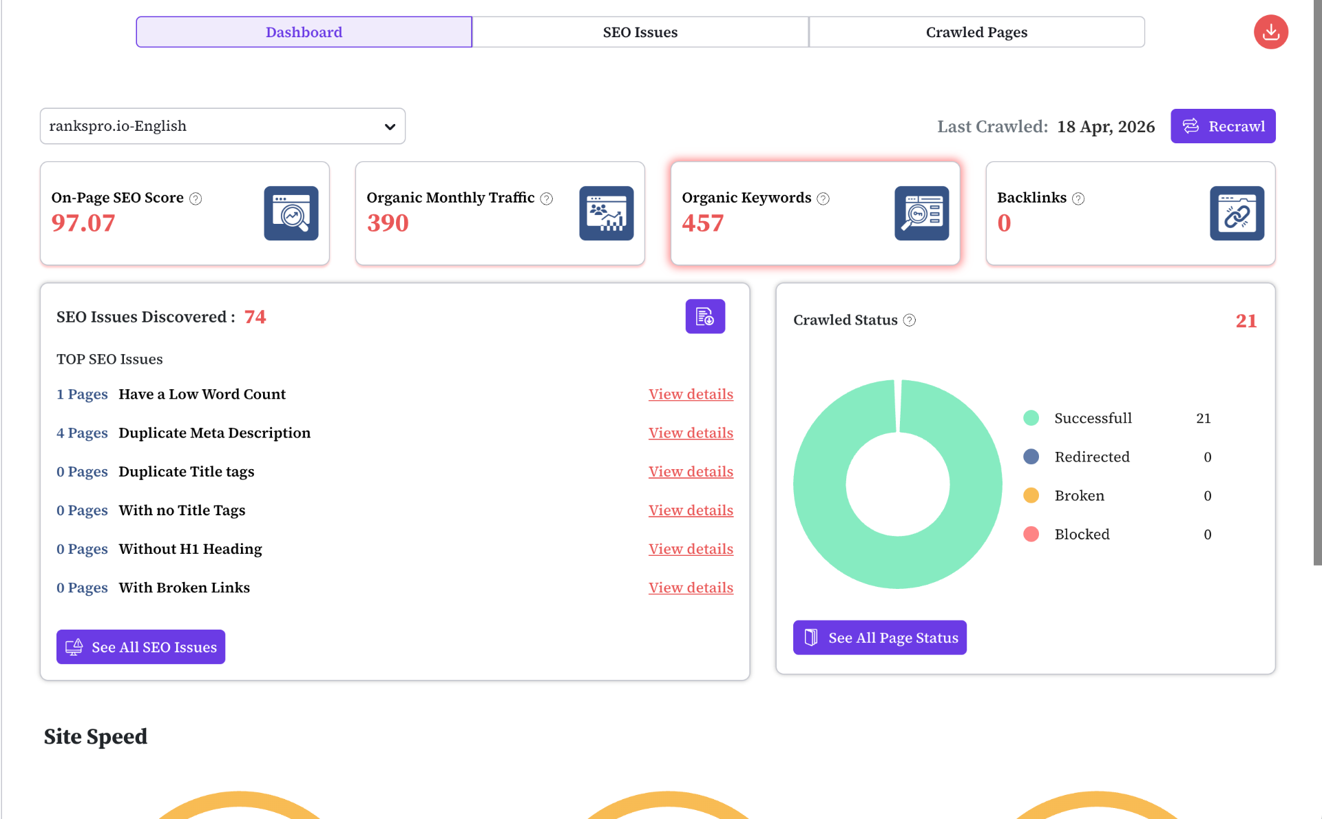 AI-Enhanced Site Audit — RanksPro dashboard preview