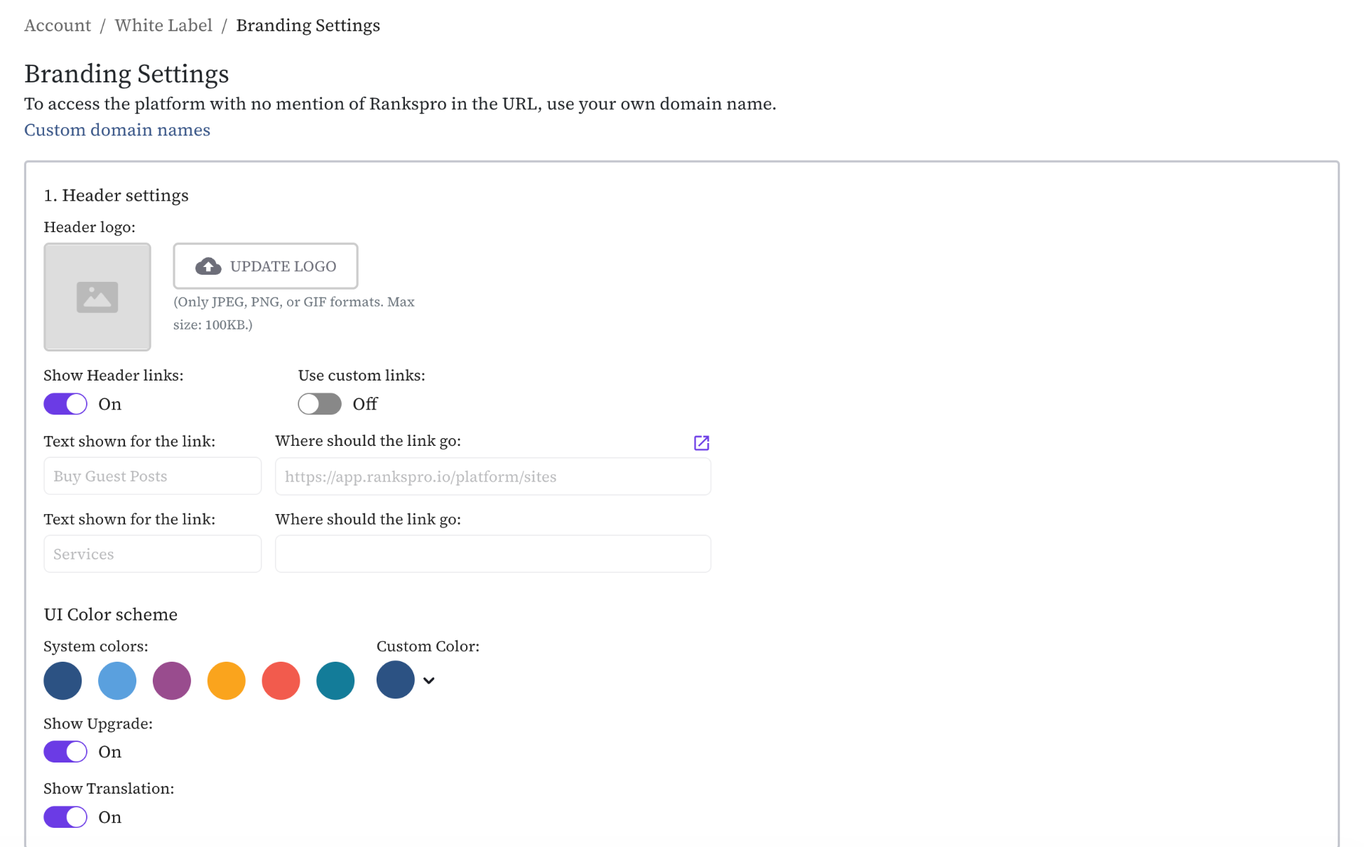 White label branding settings — header logo, custom links, and UI color scheme