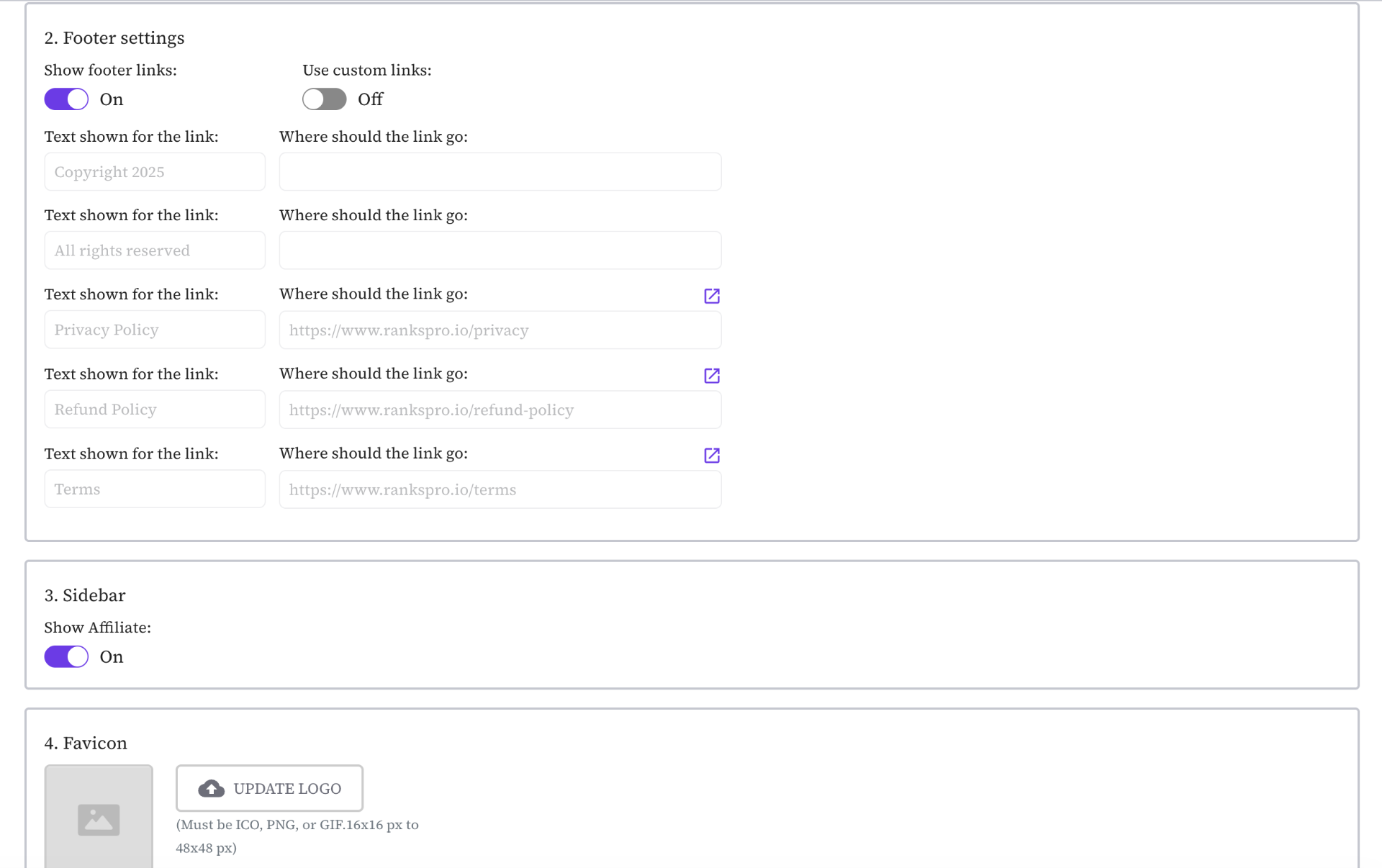 White label footer settings — custom footer links and favicon configuration