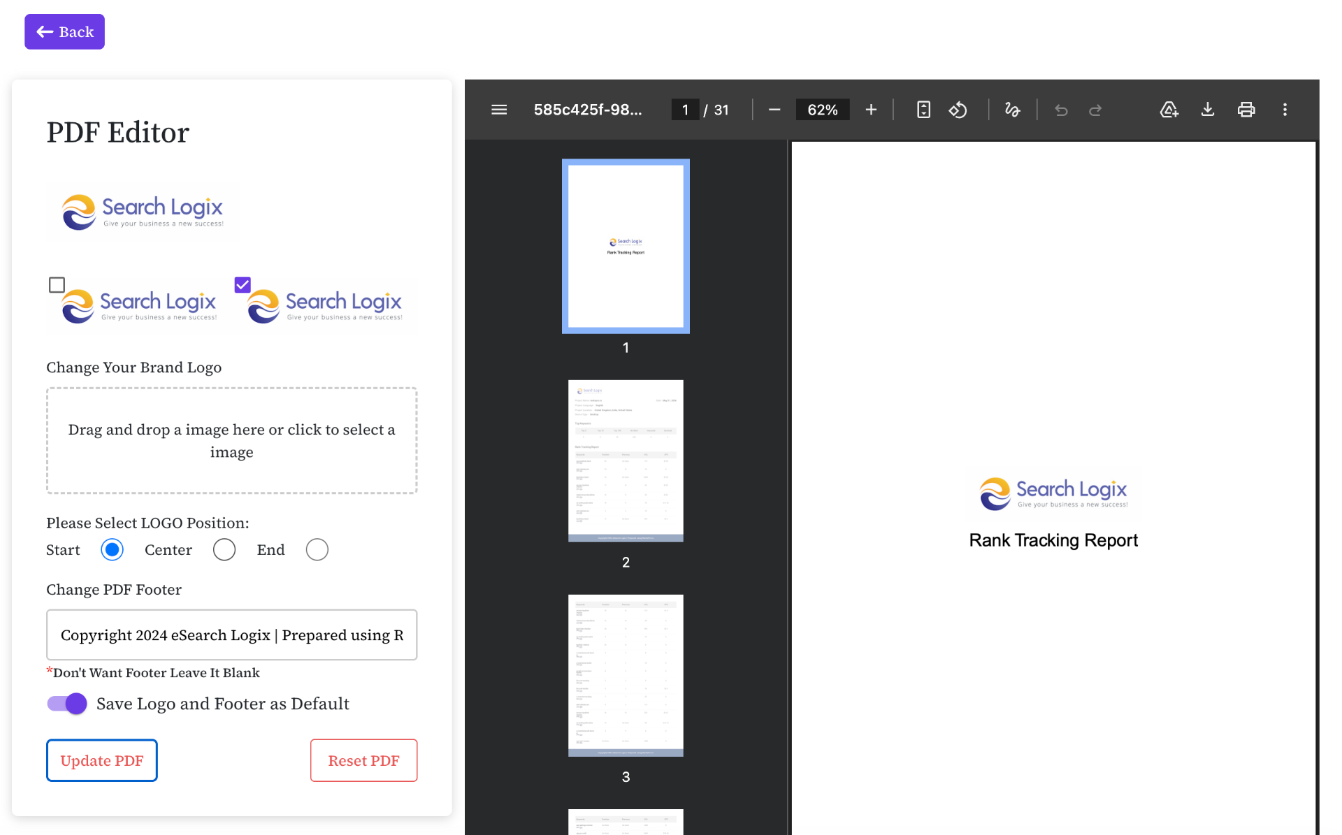 White label PDF report editor with custom logo, footer text, and position controls