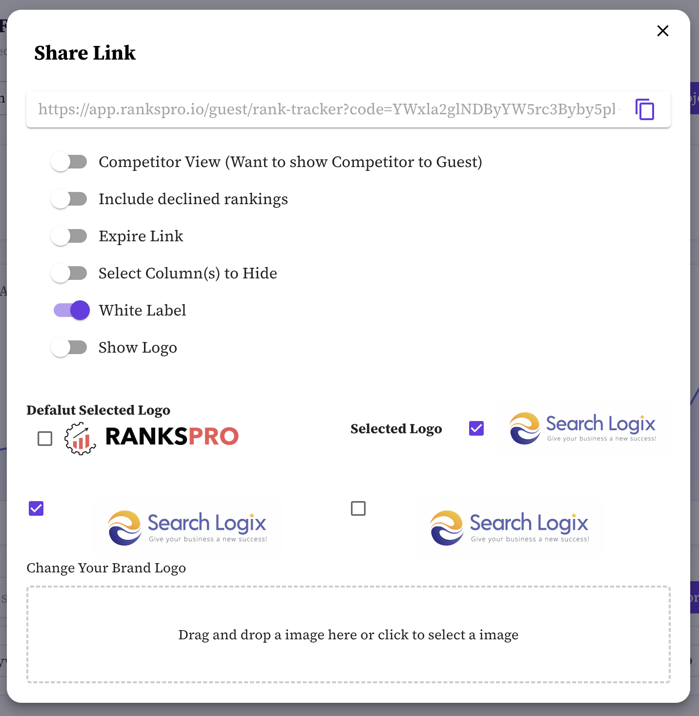 White label guest share link with custom logo and column hiding options